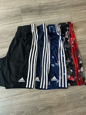 adidas Kids 4-Pack Athletic Shorts — Black, Navy, Gray Camo with Red